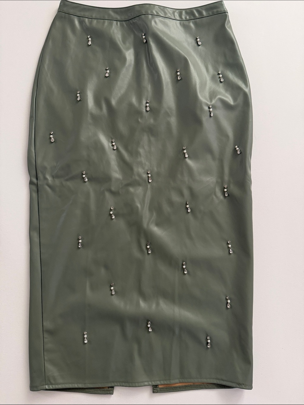 Embellished Olive Green Faux Leather Pencil Skirt